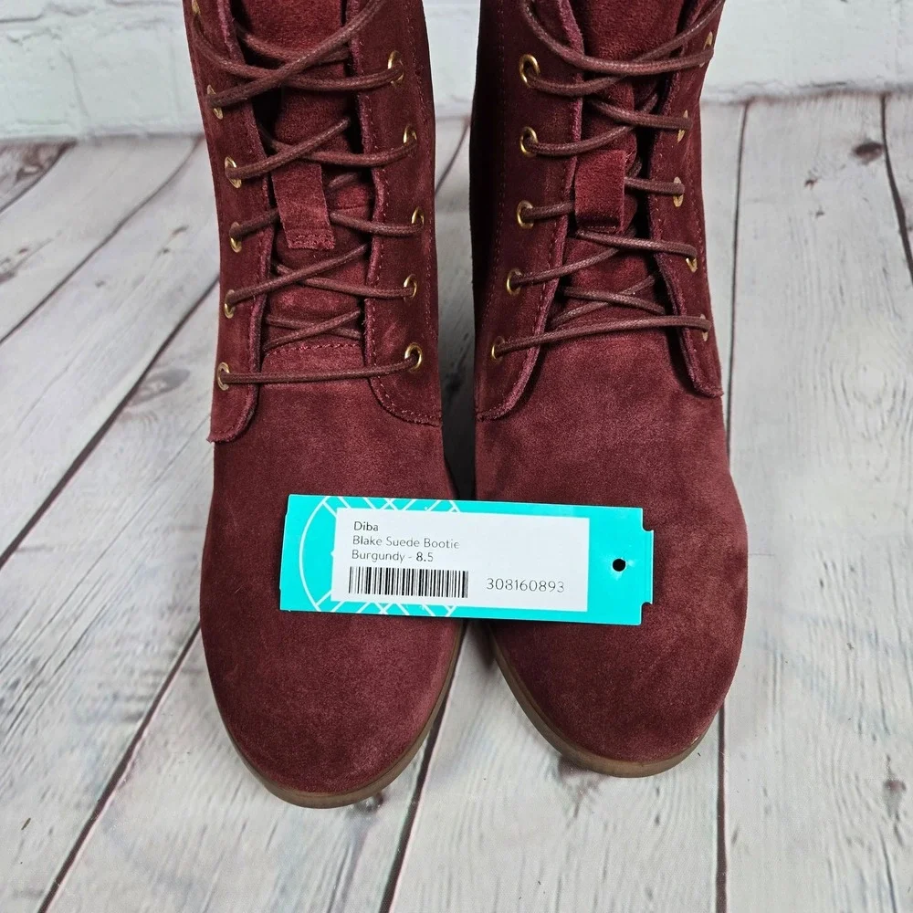 Diba Blake Suede Bootie Burgundy Lace Up Wedge Ankle Boots Women Size 8.5‎